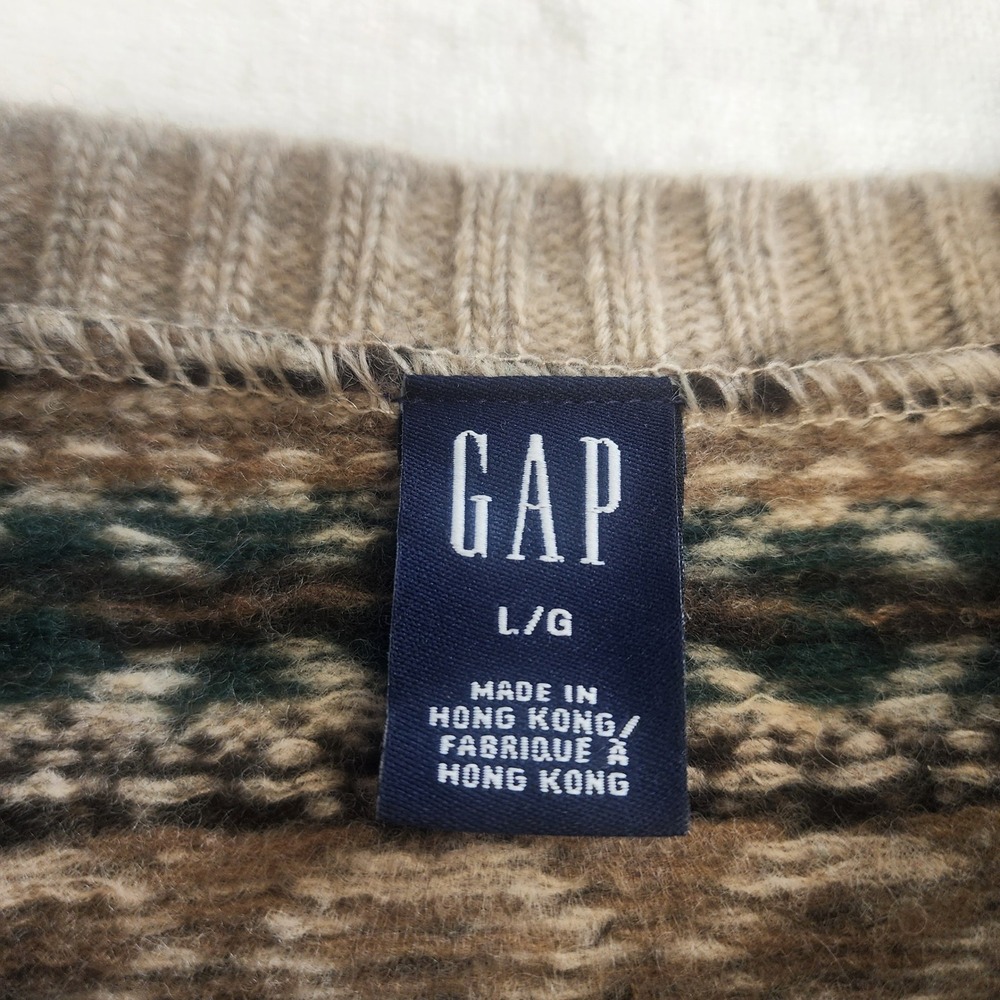 Vintage GAP Lambswool Fair Isle Sweater Large Brown Tan Crewneck Knit 727 - Picture 2 of 6